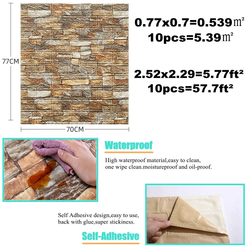 10pcs 3D Brick Wall Sticker Pattern Wallpaper Self-Adhesive