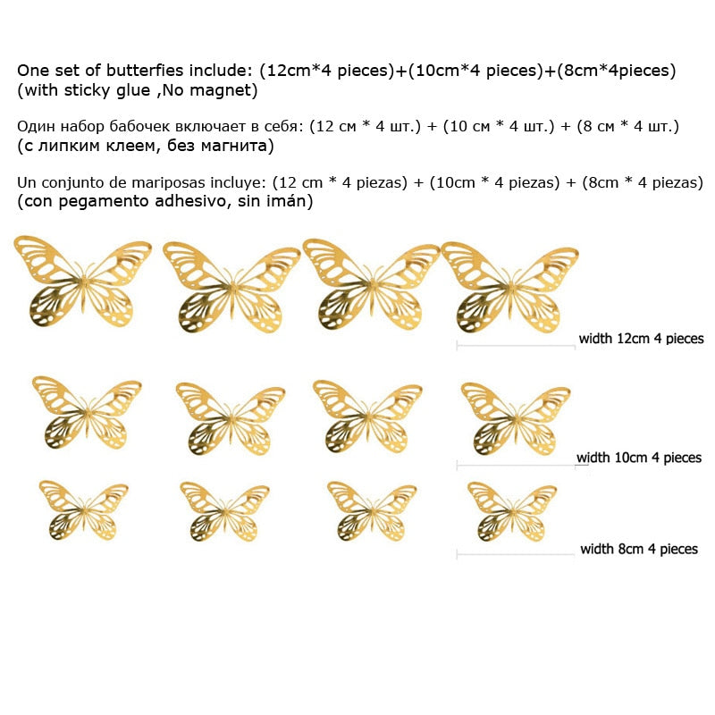 12Pcs/Set Gold Silver Hollow Butterfly Wall Stickers