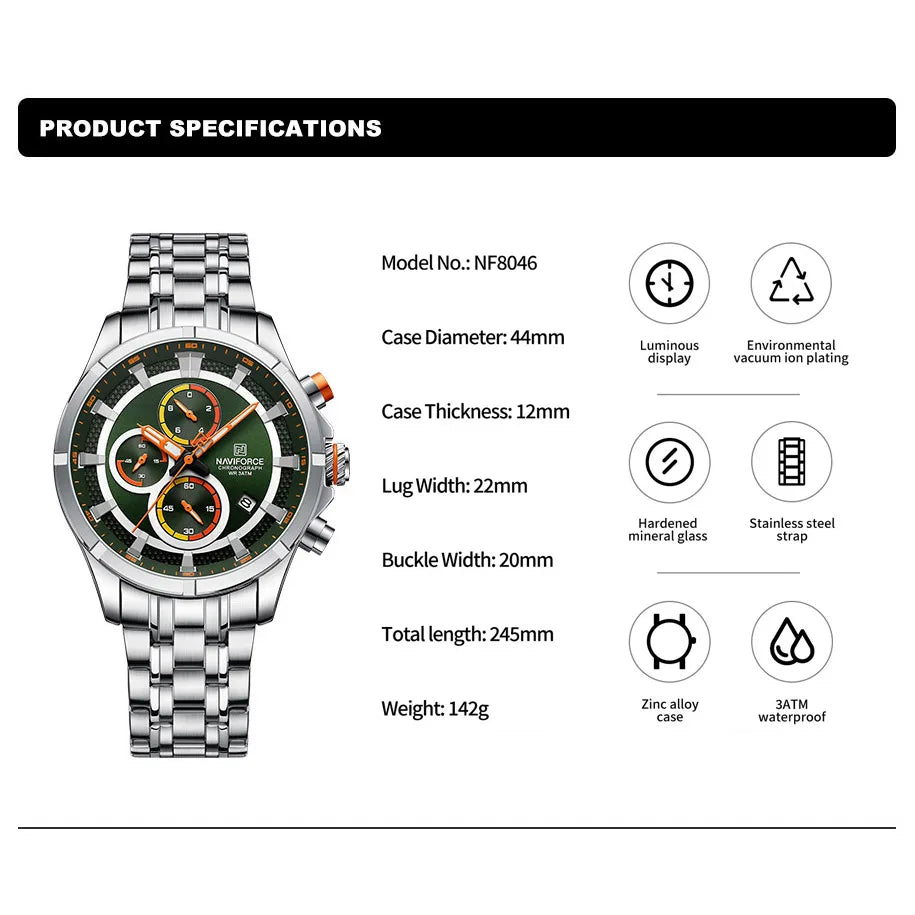 Watch for Men Stainless Steel Strap Chronograph