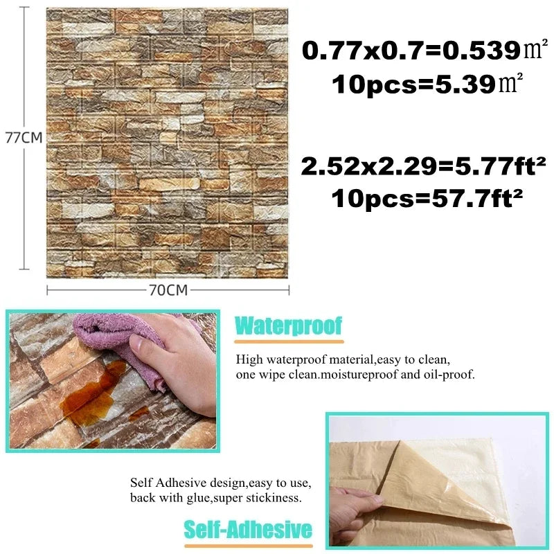 10Pcs Imitation Brick 3D Self Adhesive Panel Wall Stickers