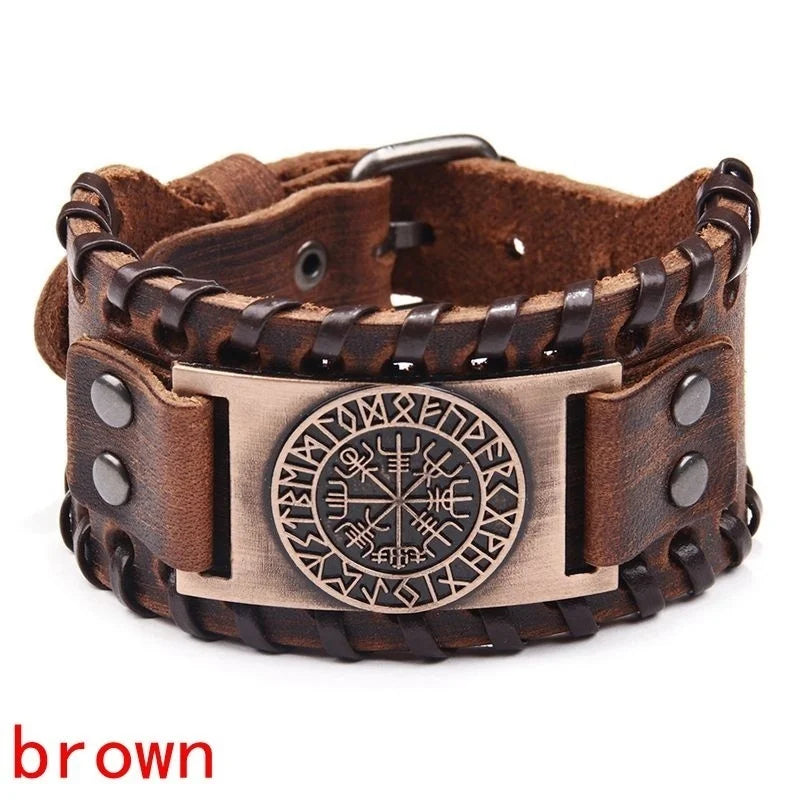 Retro Wide Leather Pirate Compass Bracelet Men's