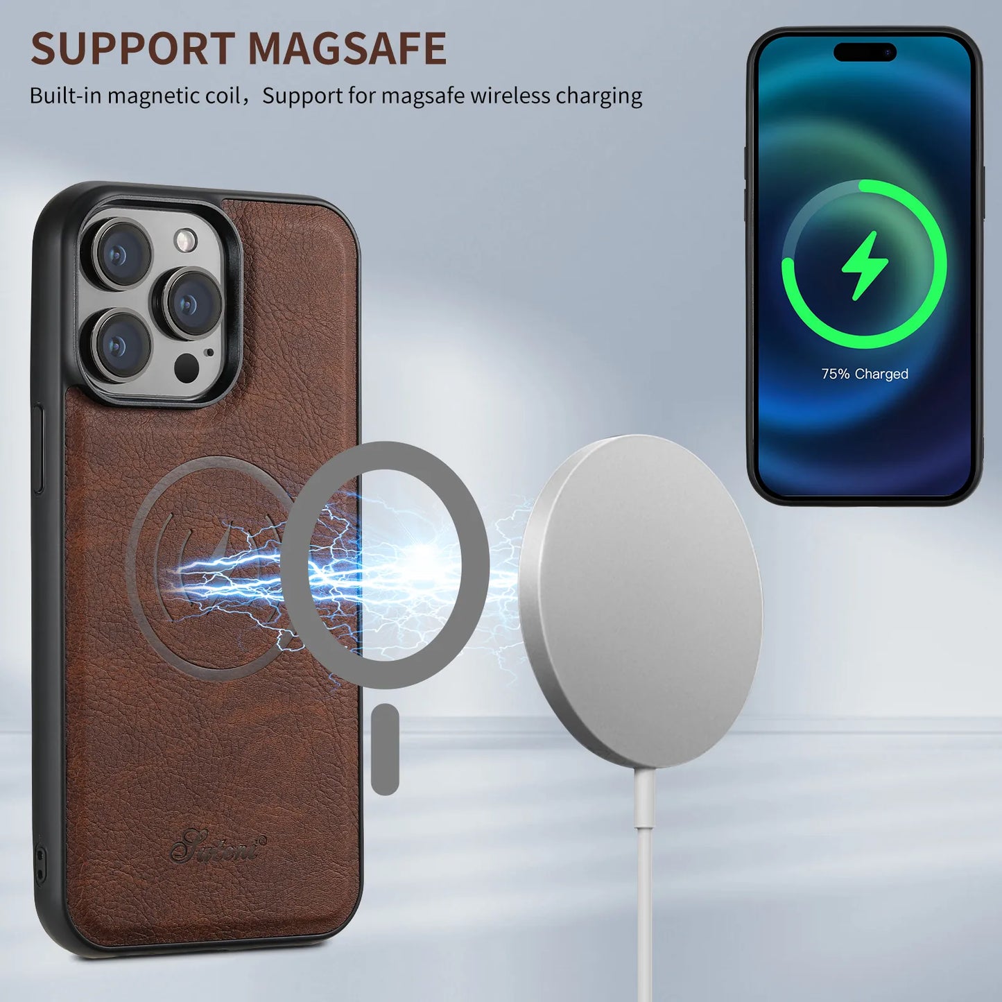 Magnetic MagSafe Card Holder 2 in 1 Leather iPhone Case
