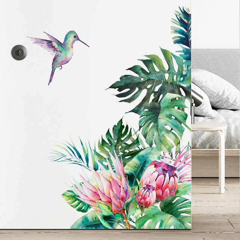 Tropical Leaves Flowers Bird Wall Stickers Bedroom