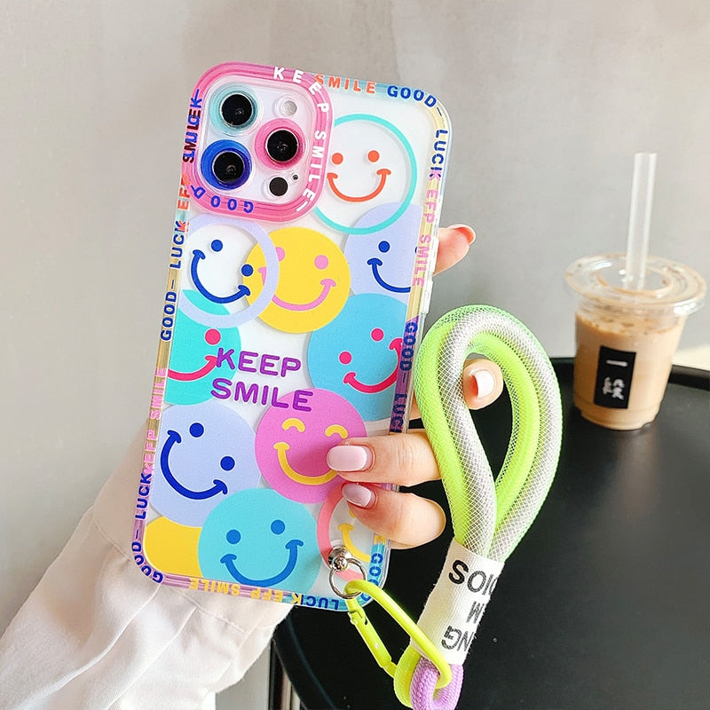 Colorful Flowers Smile Strap Lanyard iPhone Case