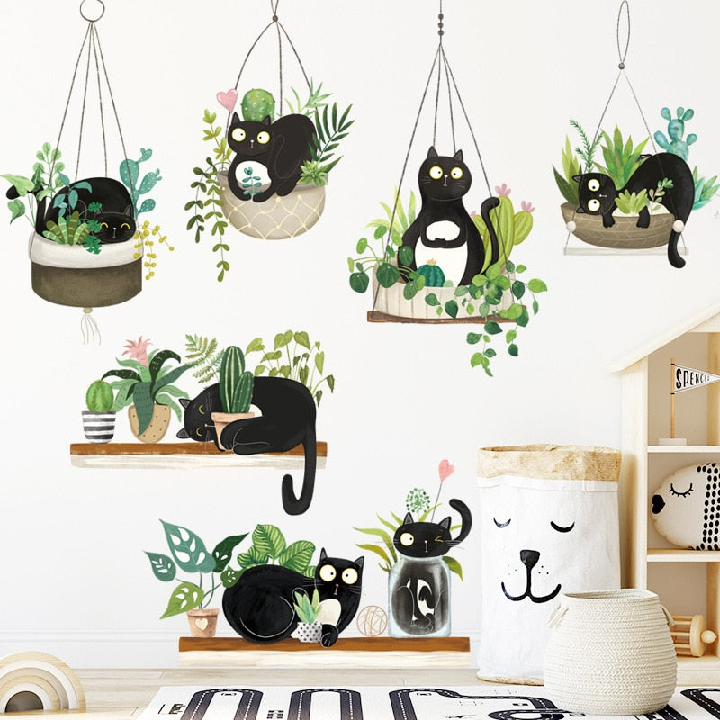 Wall Decor Stickers Cat Hanging Basket Wall Stickers