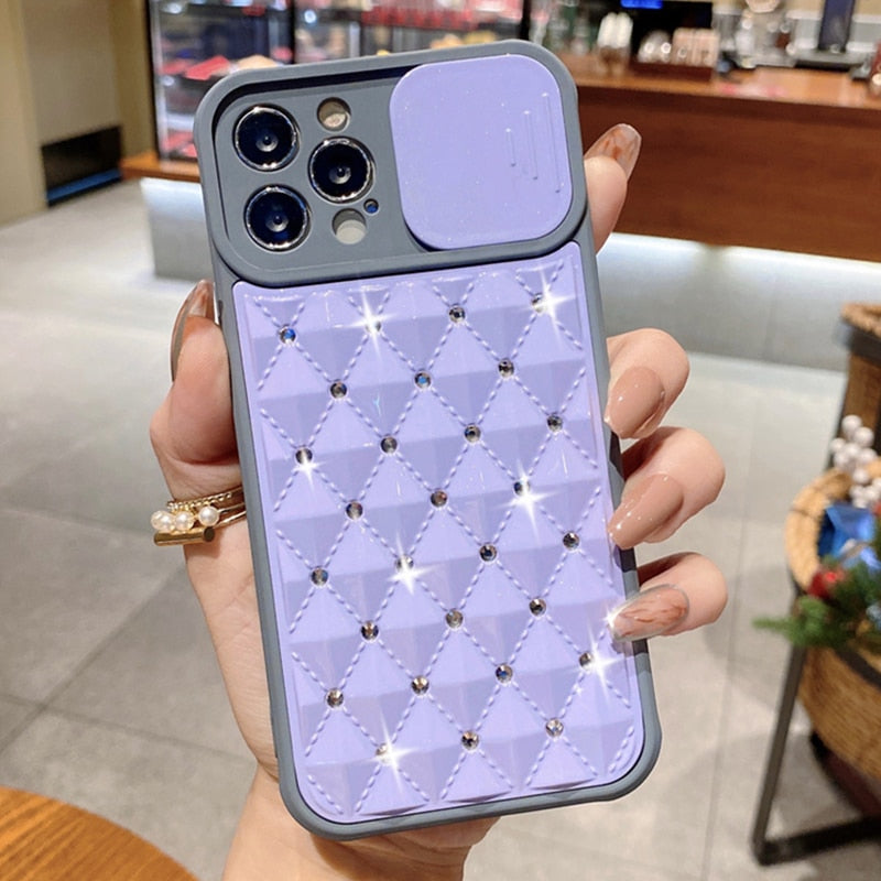 Slide Camera Lens Protection Glitter Diamond Case For iPhone