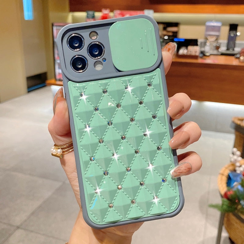 Slide Camera Lens Protection Glitter Diamond Case For iPhone